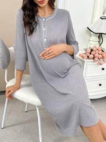 SHEIN Abito maglia premaman a v con bottoni a metà, maniche a 3/4, monocromatico, vestito casual ampio da casa