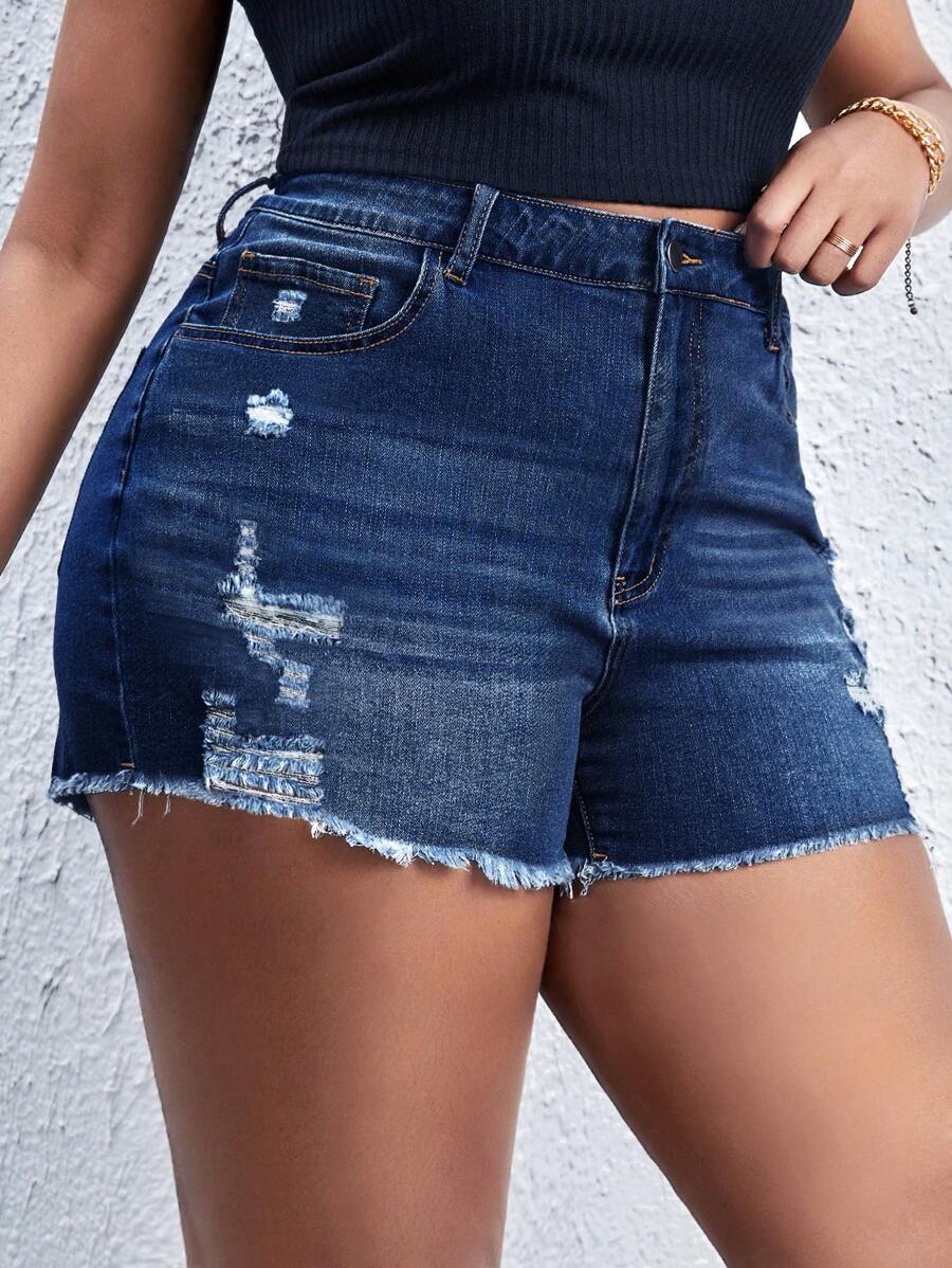 SHEIN CURVE+ Plus Size Women Summer Elastic Sexy Ripped Fringed Denim Mini Shorts, Western Wear Summer Outfits For Women Festival Outfits Elegant Jean Shorts For Women