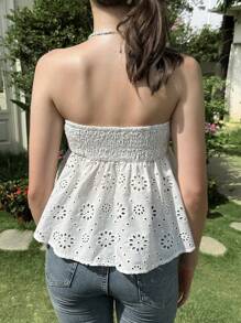 SHEIN EZwear Women's Summer Leisure Vacation Sweet Embroidery Fabric Front Tie Pure Desire Style White Tube Top Slit Top - White - View 2