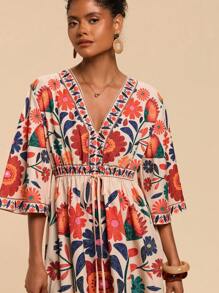 Travachic 女式V领七分袖印花宽松迷你连衣裙 - 卡其色 - 查看 6