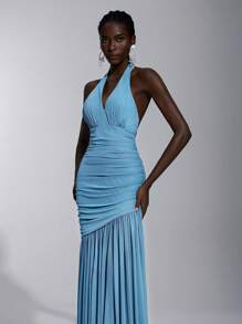 Elitara 优雅的绿松石蓝色领结垂坠式胸围荷叶边网眼鱼尾下摆连衣裙，适合约会、度假、婚礼活动、伴娘 - 水鴨藍 - 查看 5