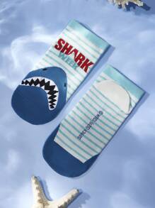 Shark Week X SHEIN 3 pares de calcetines casuales de tobillo suaves, transpirables y que absorben la humedad con patrón a rayas de tiburón, grises y azules, cortos y fashion, con refuerzo en la punta y el talón para mayor durabilidad, unisex para hombres y mujeres, para todo el año
