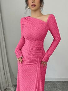 Elenzga Women's Elegant Fashionable Commuting Charming Long Sleeve Asymmetrical Collar Ruched Waist Bodycon Textured Knit Maxi Dress Fall Cloth For Women