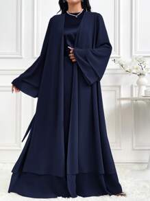 Al Najma Women's Crew Neck Long Flare Sleeve Waist Tie Elegant Abaya Robe, Modest Elegant Style For Casual Daily/Work/Holiday/Evening Parties/Wedding Guest - Navy Blue - View 5
