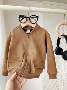 SHEIN Jaket Baseball Bayi Laki-laki, Saku Tempel Kasual, Kain Bertekstur Suede Lembut, Pakaian Luar Nyaman untuk Aktivitas Luar Ruangan, Musim Gugur/Musim Dingin - Coklat - View 5