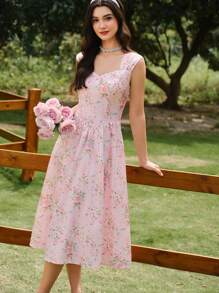 Vintamour Retro Elegant Women Floral Print Relaxed Fit Swing Dress, Loose Fit With Wide Straps, Pink Umbrella Hem Summer Sun Dress Mother Day Outfit Mother Day Dress Summer Dress Graduation Dress Sun Dresses For Women Wedding Guest Dress Women Vacation Outfits Women Birthday Dresses For Women Floral Dress Women Festival Outfits For Women Teacher Outfits For Women