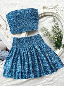 Flirla 2pc Set Retro Floral Print Ruffle Hem Tube Top & High Waist Skirt For Women - Blue - View 1