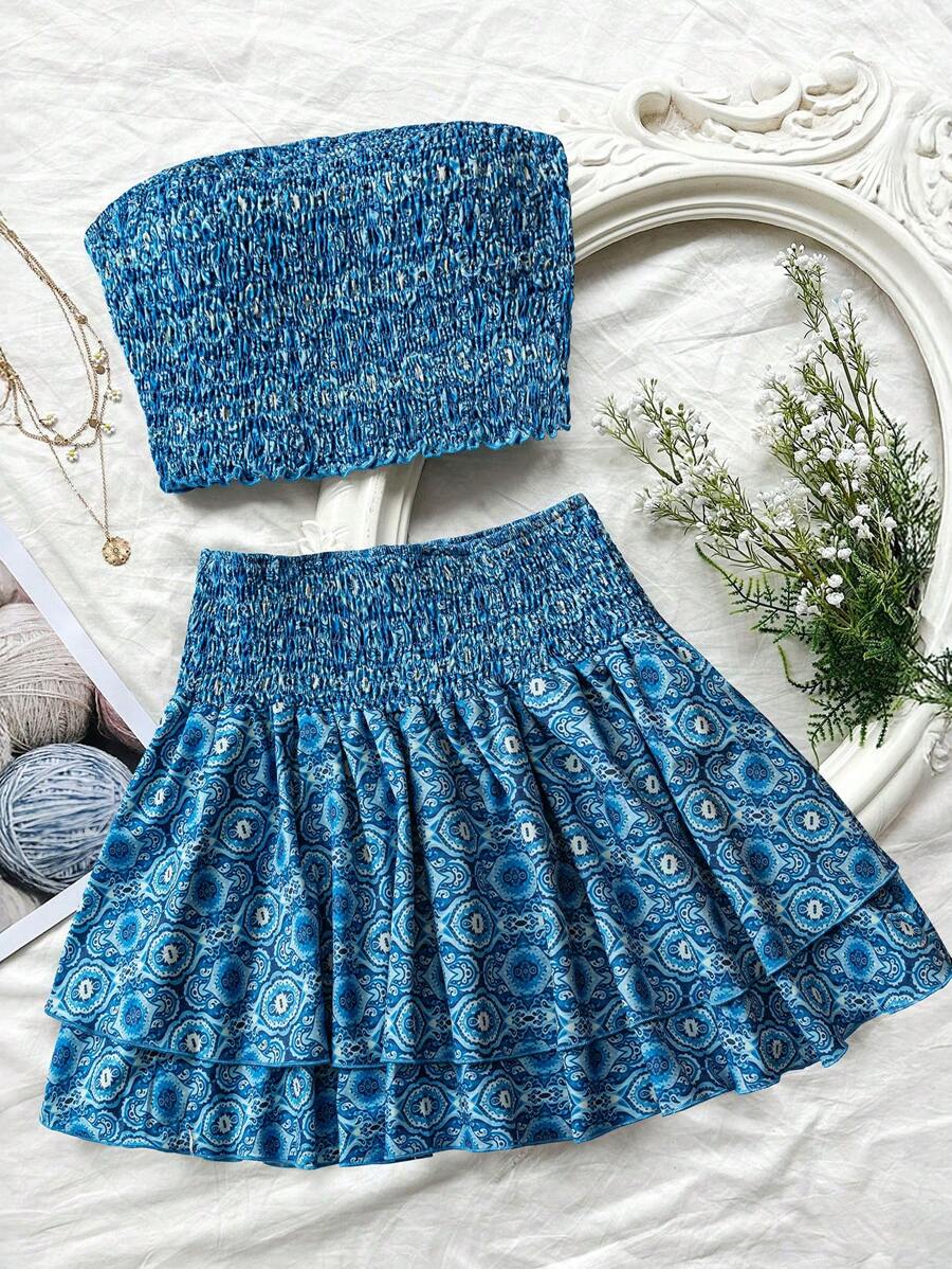 Flirla 2pc Set Retro Floral Print Ruffle Hem Tube Top & High Waist Skirt For Women - Blue - View 1