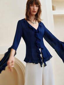 Arave Französische romantische leichte asymmetrische rüschenbesetzte locker sitzende Strickjacke für Damen