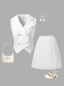 Sparklyn Tween Girls Sleeveless Vest Jacket With Double Breasted, Pleated Skirt, Elegant Work Outfits - White - View 3