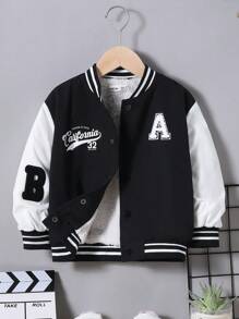 SHEIN 男小童字母圖案條紋飾邊學院風夾克 - 黑與白 - 查看 6