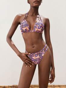 Maija Women Neck Halter Swimsuit Set With Triangle Bikini Bottoms - Multicolor - View 1