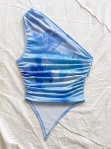 Soleia 全新度假针织枫叶印花褶皱单肩吊带背心上衣