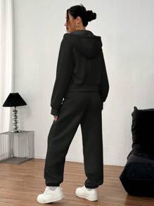 Rina Fox Conjunto de mujer de 2 piezas con sudadera con capucha de unicolor y pantalones con cordón - Negro - Ver 3