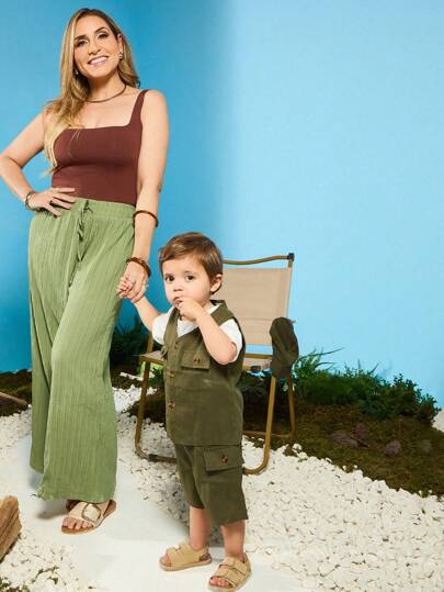 SHEIN 男婴时尚工装背心、短袖T恤、短裤和帽子套装（4件套），春夏休闲装