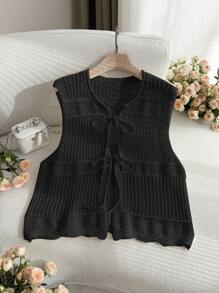 SHEIN Privé Plus Size Casual Vacation Front Tie Crochet Oversize French Cardigran Short Sleeve Sweater For Women - Black - View 1