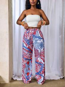 BamGleam 女士花卉印花松紧腰直筒休闲裤，适合度假穿着 - 彩色 - 查看 7