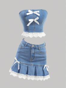 SHEIN Teen Girls' Spring Summer Y2K Casual Versatile Light Washed 2 Pcs Low Waist Denim Mini Skirt And Crop Top With Trim And Bowknot Detailed,Girls Summer Beach Boho Vacation Two Pieces Outfits,Summer Brunch Graduation Outfits,Summer Rave Concert Festival Streetwear Outfits - Light Wash - View 10