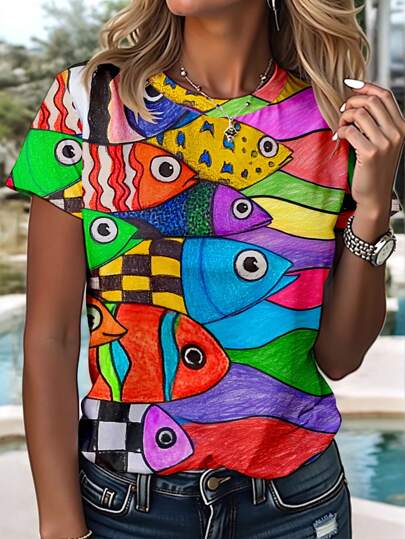 EMERY ROSE Versatile Slim Fit Casual Minimalist Round Neck Short Sleeve Loose Women T-Shirt With Ocean Fish Artistic Pattern Suitable For Going Out