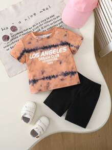 SHEIN 2pcs Set Baby Girl Casual Cute Graphic Dropped Shoulder Loose Knit Crew Neck Sweater Top And Elastic Waist Shorts, For Spring/Summer Wear - Khaki - View 6