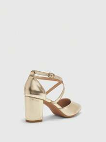 CUCCOO BIZCHIC 女士尖头交叉带粗跟优雅通勤简约金色金属仿皮浅口鞋，镂空时尚派对办公室正式基本百搭鞋 - 金色 - 查看 10