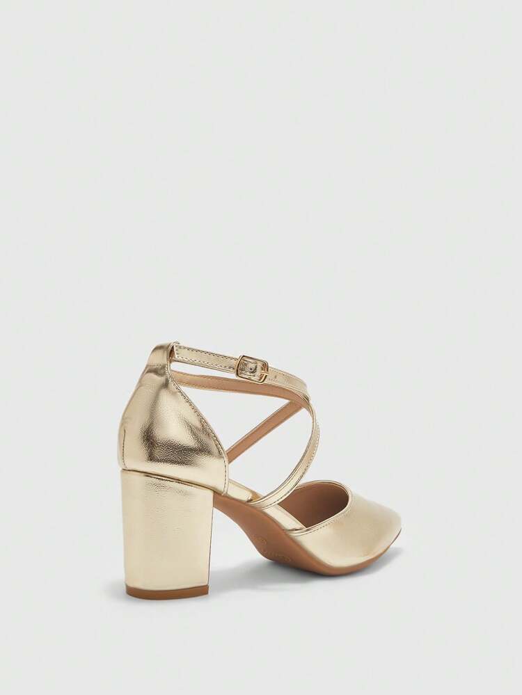 CUCCOO BIZCHIC Women's Pointed Toe Criss-Cross Strap Chunky Heel Elegant Commuter Minimalist Gold Metal Faux Leather Pumps, Hollow-Out Stylish Party Office Formal Basic Versatile Shoes For Christmas Spring Shoes