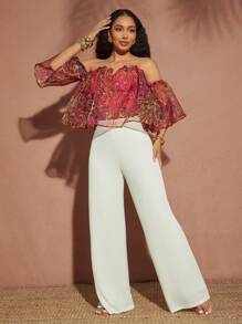 Vixey 露肩印花欧根纱上衣，波西米亚风，波西米亚女装，可爱夏日上衣，海岛度假，假期 - 玫紅色 - 查看 4