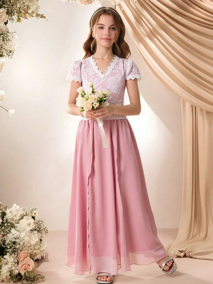SHEIN Tween Girls' Elegant Lady V-Neck Lace Trim T-Shirt And Elastic Waist Solid Long Chiffon Skirt Two-Piece Flower Girl Wedding Outfit - Pink - View 1