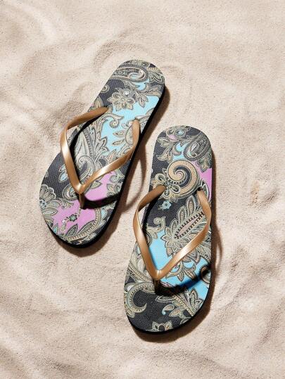 Grefit 女士时尚印花舒适弹力平底人字拖，适合居家、海滩、度假穿着