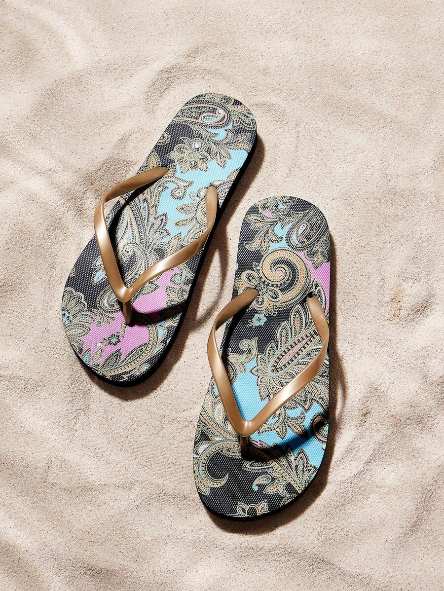Grefit Sandal Jepit Datar Wanita Bermotif, Nyaman & Elastis, Cocok untuk di Rumah, Pantai, dan Liburan - Hitam - View 1