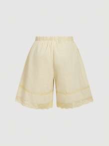 SHEIN MOD Shorts plus size listrados em damasco, estilo retrô boêmio romântico, com detalhes em renda e pernas largas, perfeitos para férias na praia. - Damasco - Ver 2