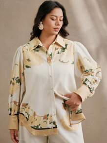 Anewsta Conjunto de 2 piezas de camisa y pantalones con estampado floral tejido para mujeres, elegante para primavera/verano y vacaciones románticas