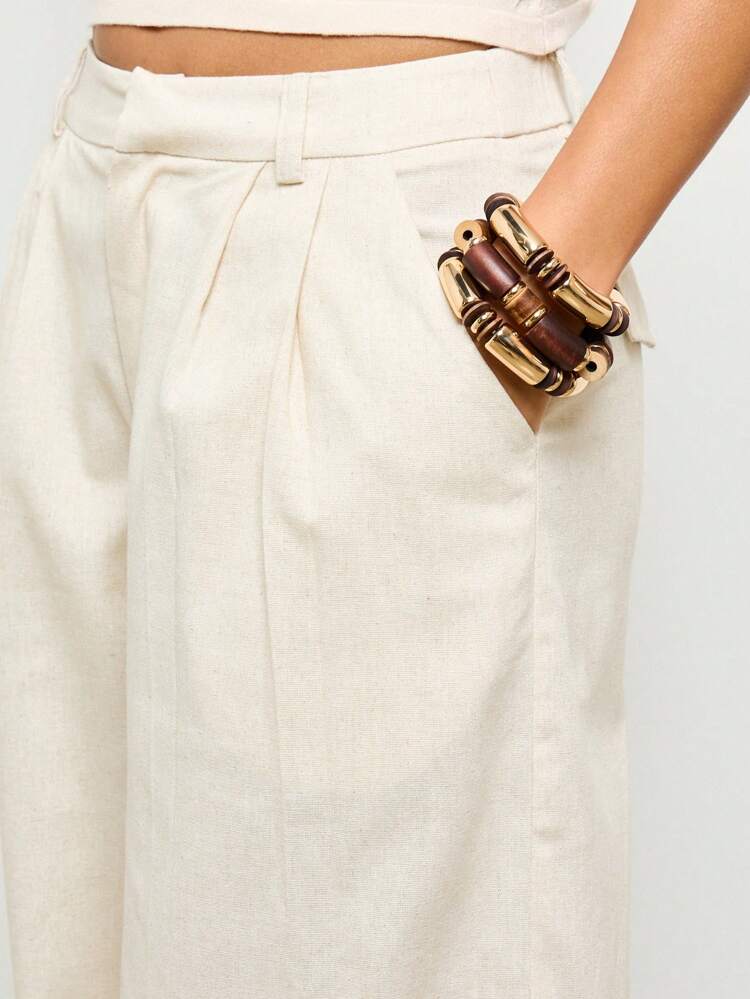 Linen Wide Leg Trousers With Turn Up Hem