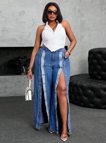 SHEIN SXY 大码女牛仔时尚性感开叉宽松牛仔裤，秋季节日优雅度假多扣拼色宽松牛仔裤 - 藍色 - 查看 6