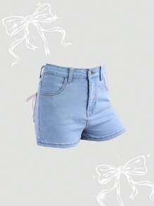 SHEIN Tween Girl High Elasticity Slim Fit Solid Casual Denim Jeans Shorts, Summer Boho Clothes