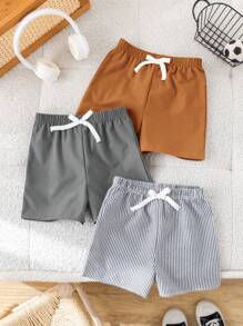 SHEIN 3pcs/Set Young Boy Buy Two Get One Free Three-Pack Casual Sports College Retro Striped And Solid Color Cost-Effective Multi-Pack Shorts Suitable For Clothes Back To School Boys Set Suitable For Birthday Parties, Evening Parties, Performances, Weddings, Baptisms, Opening Ceremonies Daily Suitable For Daily Use Suitable For School Suitable For Travel Suitable For Sports Suitable For Spring And Summer Seasons - Multicolor - View 8