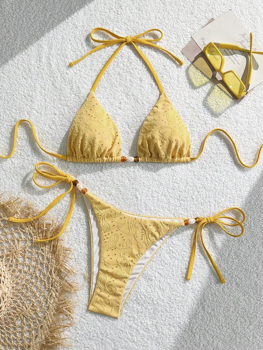 SHEIN Swim 2件套全新镂空提花面料黄色珠饰三角吊带性感比基尼女士泳衣套装 - 黃色 - 查看 1