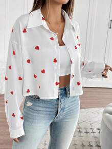Calvaya Women's Valentine's Day Heart Print Front Short Back Long Shirt Fall Cloth For Women - Red and White - View 4