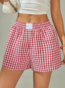 SHEIN PETITE Women High Waist Plaid Shorts, Fashionable For Summer,Flowy Shorts