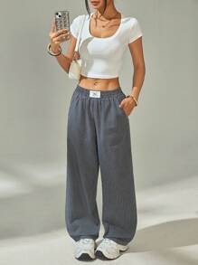 SHEIN PETITE Women's Letter & Striped Pockets Casual Straight-Leg Pants Y2k - Grey - View 5