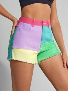 SHEIN Tall Women Casual Contrast Color Pocket Frayed Hem Denim Shorts - Yellow - View 1