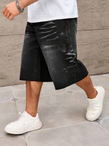 Manfinity Homme 男式宽松贴袋磨边休闲牛仔短裤 - 黑色 - 查看 3