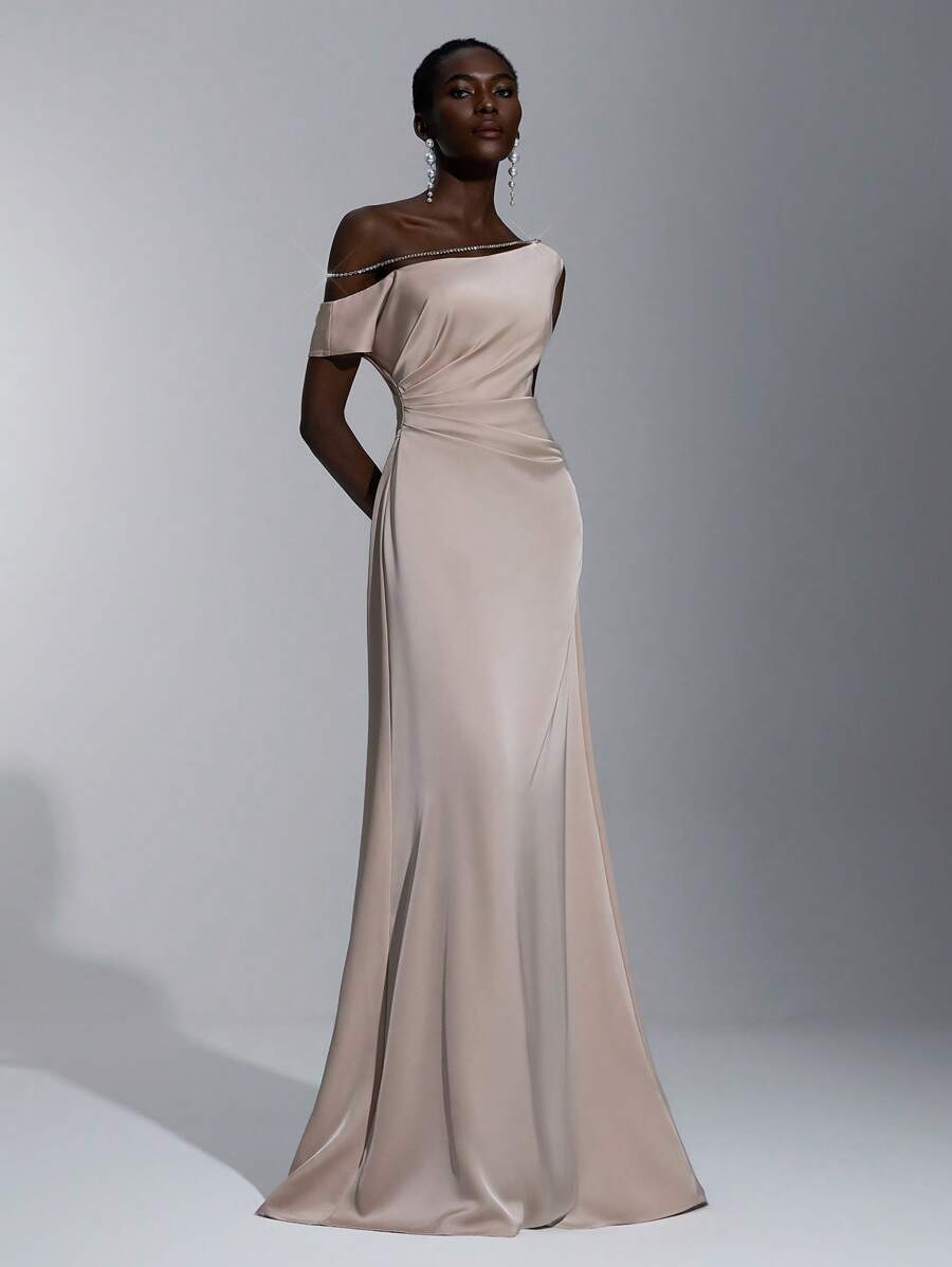 Elitara Elegant, Romantic, Sexy, Minimalist Khaki Satin Stretchy Spaghetti Strap Backless, Bodycon Dress, Fashion, Influencer, Holiday, Party, Birthday, Wedding, Bridesmaid