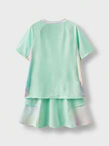 JNSQ 青少年女孩拼色短袖上衣和迷你裙户外运动套装 - 彩色 - 查看 6