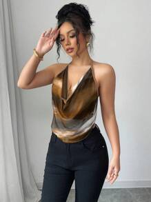 Elenzga Blusa de tirantes y escote en la espalda con estampado de teñido anudado de verano sexy para mujeres - Caqui - Ver 5