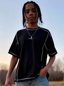 SHEIN Tween Boys Casual Short Sleeve T-Shirt, Sports Streetwear Punk Rock Preppy Style For Everyday, Parties, Music Festivals, Suitable For Spring/Summer - Black and White - View 5