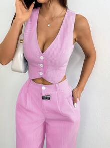 Solflare Rose Red Vest With Pants Sheer Plus Size Suit Set,Business Casual Woman In Fall/Winter - Hot Pink - View 3