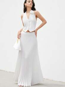 SHEIN Privé 优雅通勤 3D 花卉性感镂空系带领褶饰高腰大下摆半身裙 2 件套女士 - 白色 - 查看 5