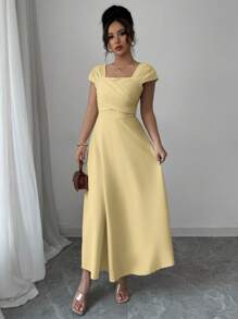 Modelyn Đầm thường ngày cổ vuông màu trơn thanh lịch cho nữ mùa hè - Màu vàng - Xem 6