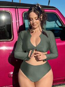 Slaysola Plus Size Long Sleeve V-Neck Bow Swimsuit Set For Summer Beach Vacation - Army Green - View 4